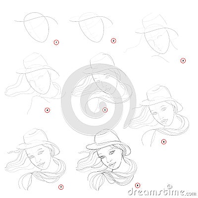 Creation step by step pencil drawing. Page shows how to learn draw imaginary beautiful women in fashionable hat. Vector Illustration