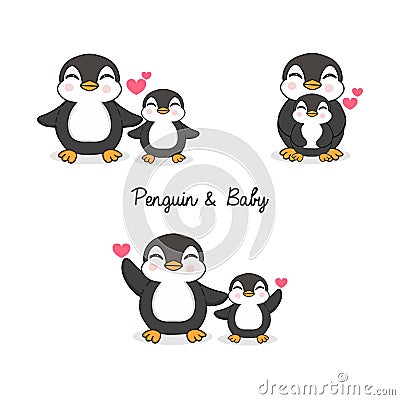 Cute mom and baby penguin cartoon. Stock Photo