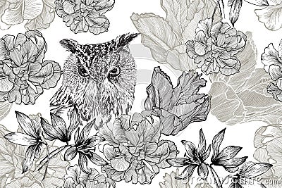 Bird owl and seamless floral background with tulips and scree. Hand-drawn, vector illustration Vector Illustration