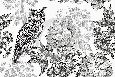 Sitting owl and seamless floral pattern with phlox and roses. Hand-drawn, vector illustration. Vector Illustration