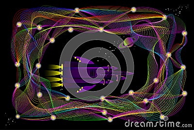 Fantasy illustration of futuristic spaceship traveling in space between stylized deep neural networks. Vector Illustration