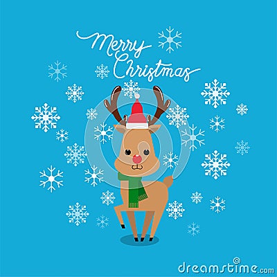 Vector holiday Christmas greeting card with cartoon red nose reindeer, snow flakes Vector Illustration