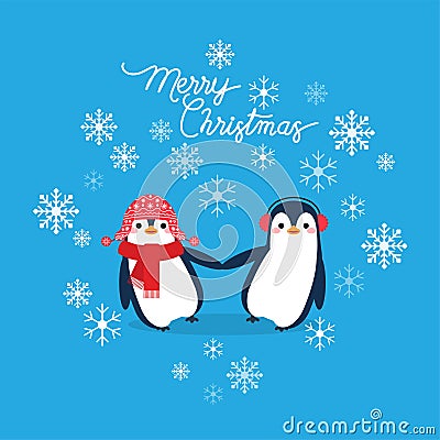 Vector holiday Christmas greeting card with cartoon penguins, snow flakes Vector Illustration