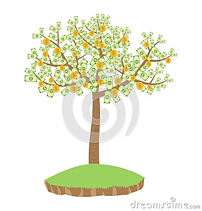 Money tree with dollar banknotes and golden coins isolated on white background Cartoon Illustration