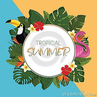 Tropical summer round frame design with exotic palm leaves, Hibiscus flowers, Toucan and Flamingo Vector Illustration