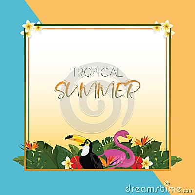 Tropical summer square frame design with exotic palm leaves, Hibiscus flowers, Toucan and Flamingo Vector Illustration