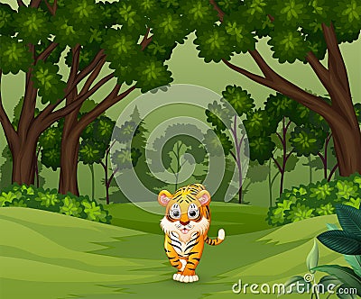 Wild scary tiger walking in the forest Vector Illustration