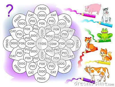 Logic puzzle game for children for study English. Read the words and paint flower in corresponding color of each animal. Vector Illustration