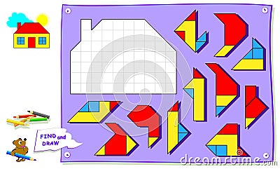 Logic puzzle game for baby coloring book. Need to find the place for each detail and paint white squares. Vector Illustration