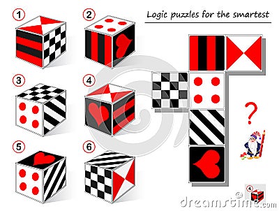 Logic puzzle game for smartest. Need to find the cube which matches to the template. Printable page for brainteaser book. Vector Illustration