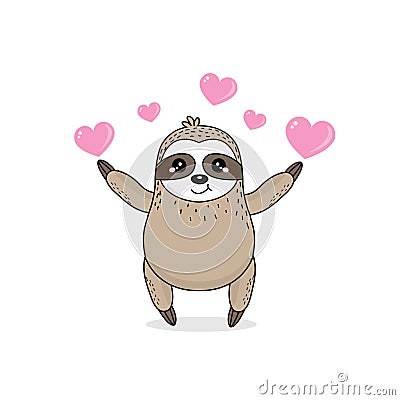 Kawaii sloth and hearts for Valentines day card. Stock Photo