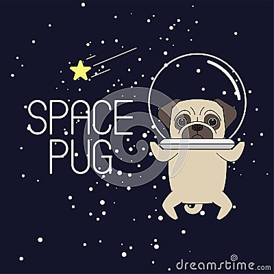 Pug in an astronaut`s helmet. Pug astronaut flies in space Vector Illustration