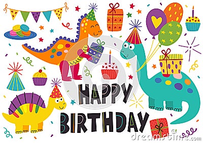 Set of isolated cute dinosaurs Happy Birthday Vector Illustration