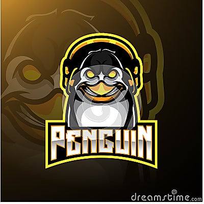 Penguin mascot logo design with headphones Vector Illustration