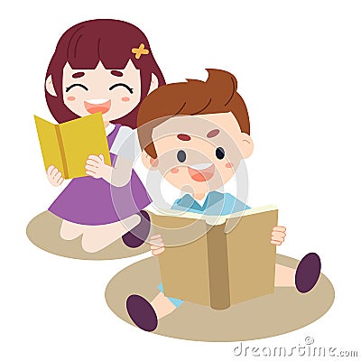 A group of Kids reading the book. Child doing a homework.boy and girl reading the book. I love reading think up,recall,remember,le Stock Photo