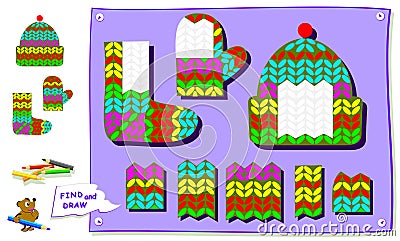 Logic puzzle game for kids. Find suitable piece of knitted fabric and draw in empty places of clothes. Vector Illustration