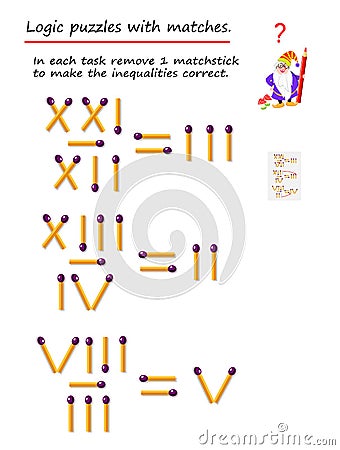 Logical puzzle game with matches. In each task move 1 matchstick to make the inequalities correct. Vector Illustration