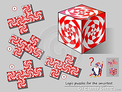 Logic puzzle game for smartest. Need to find the template which matches to the cube. Printable page for brainteaser book. Vector Illustration
