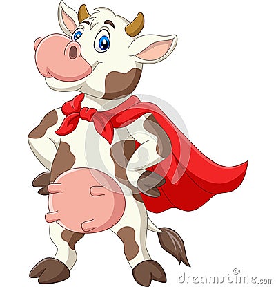 Cartoon superhero cow in red cape posing Vector Illustration