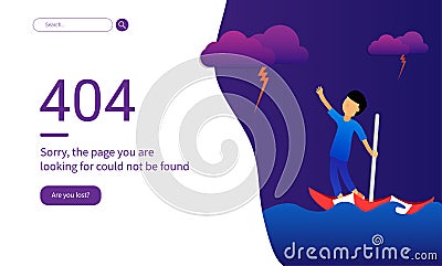 404 Error Web Pages Design With boy and umbrella lost in the ocean Blue. Vector Illustration