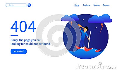 404 Error Web Pages Design With boy and umbrella lost in the ocean Blue Vector Illustration