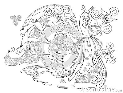 Black and white page for coloring book. Fantasy drawing of dancing Celtic girl in beautiful dress. Vector Illustration