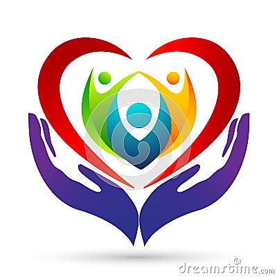 Family union, love and care happy in a red heart with hand and heart shape logo. Stock Photo