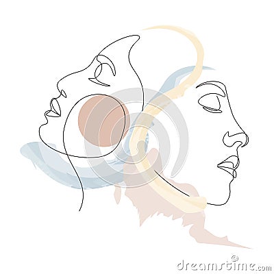 Continuous line, drawing of set faces and hairstyle, fashion concept, woman beauty minimalist, vector illustration for t-shirt, sl Vector Illustration