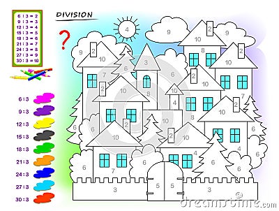 Exercises for kids with division by number 3. Paint the picture. Educational page for mathematics baby book. Vector Illustration