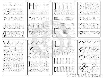 Set of black and white educational pages on line for kids book. Trace alphabet letters from G to L. Vector Illustration