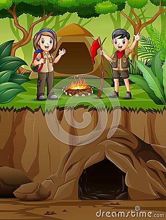 Young scout in the camping zone scene Vector Illustration