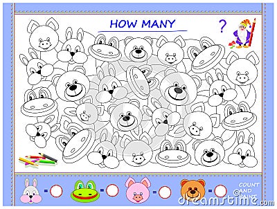 Educational page for little children on math. Find animals, paint them, count the quantity and write numbers in circles. Vector Illustration