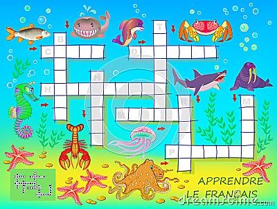 Learn French. Crossword puzzle game with sea animals. Educational page for children for study French language and words. Vector Illustration
