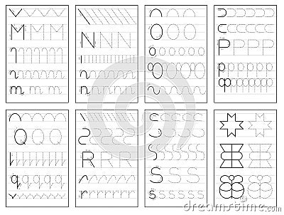 Set of black and white educational pages on line for kids book. Trace alphabet letters from M to S. Vector Illustration
