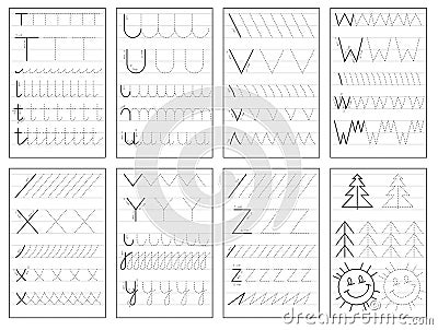 Set of black and white educational pages on line for kids book. Trace alphabet letters from T to Z. Vector Illustration