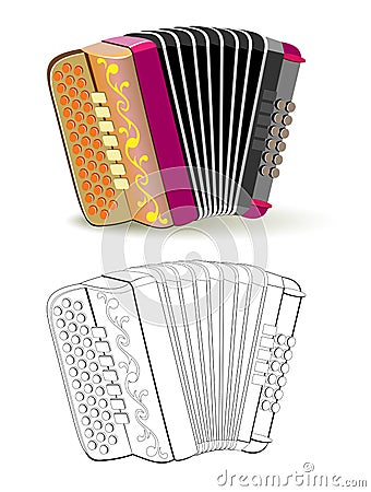 Colorful and black and white pattern for coloring. Fantasy illustration of musical instrument French button accordion. Vector Illustration