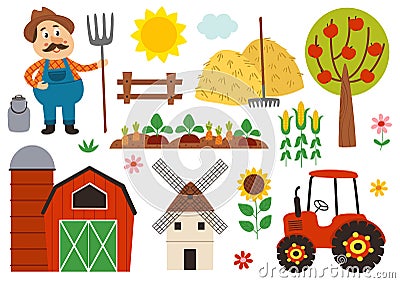 Set of isolated farm elements Vector Illustration