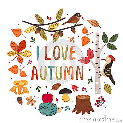 Card with autumn colorful elements Vector Illustration