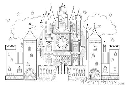 Fantasy drawing of medieval Gothic castle in Western Europe. Fairyland kingdom. Black and white page for coloring book. Vector Illustration