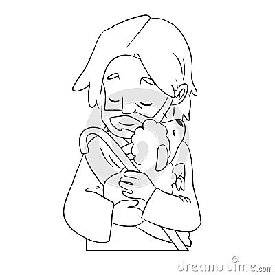 A lovely vector cartoon of Jesus holding a sheep to his chest with love. Coloring page. Black and white picture Vector Illustration