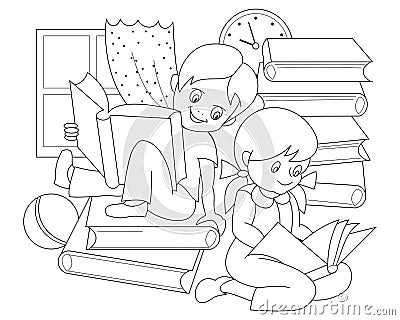 Black and white page for baby coloring book. Drawing of little boy and girl reading the books and fairy tales. Vector Illustration