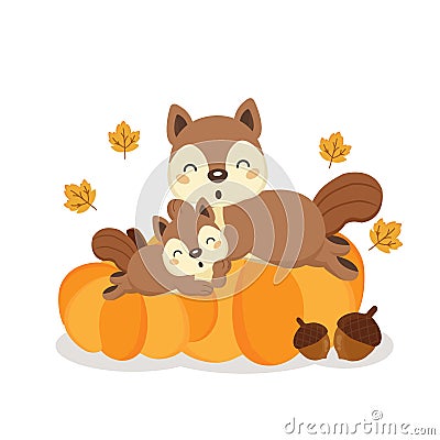 Cute squirrels on pumkins in autumn. Vector Illustration