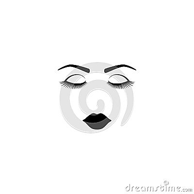 Pretty female face, eyes closed, long eyelashes, lips and eyebrows. Vector Illustration