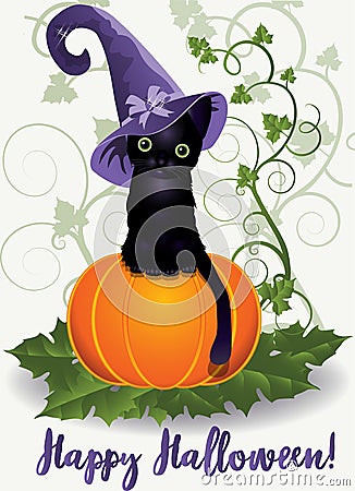 Happy Halloween wallpaper. Witch black cat and pumpkin, vector Vector Illustration