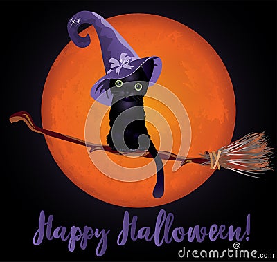 Happy Halloween wallpaper. Witch cat and moon Vector Illustration