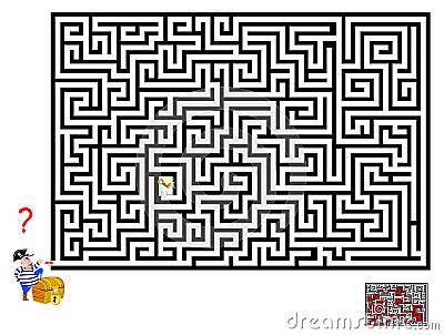 Logical puzzle game with labyrinth for children and adults. Help pirate find way till the key to open the chest. Vector Illustration