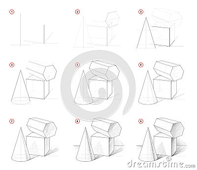 How to draw step-wise sketch of still life with geometric shapes. Creation step by step pencil drawing. Educational page. Vector Illustration