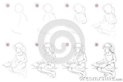 How to draw step-wise sketch of beautiful little girl reading the book. Creation step by step pencil drawing. Vector Illustration
