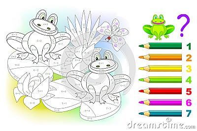 Math education for children. Coloring book. Mathematical exercises on addition and subtraction. Solve examples and paint frogs. Vector Illustration