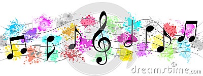 Black Music Notes in Colorful Spatters and Splashes Banner Background Stock Photo